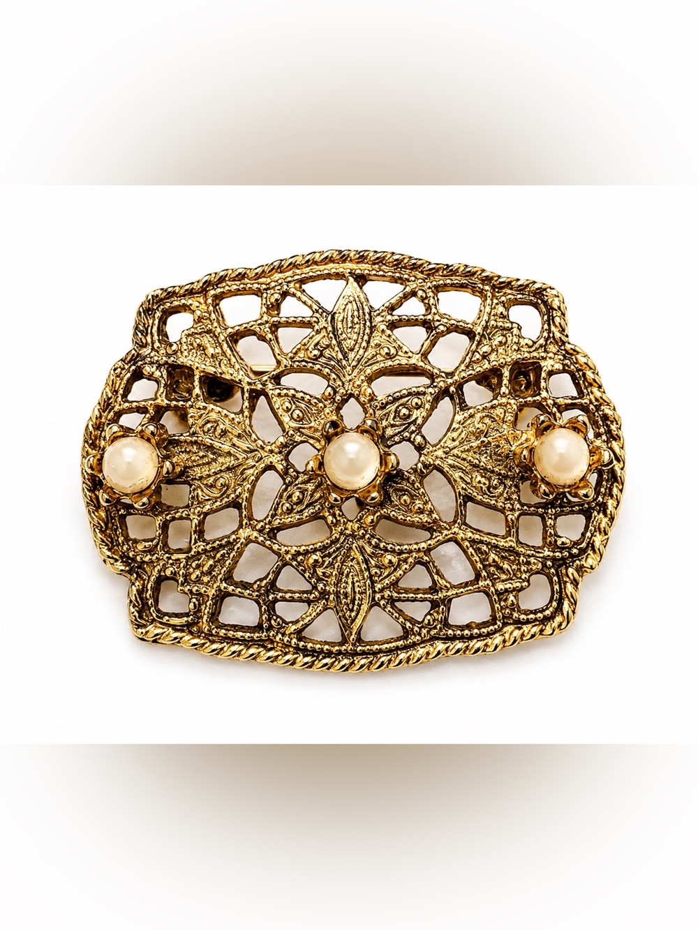 Vintage Style Gold Tone Filigree Faux Pearl Floral Brooch Openwork Pin